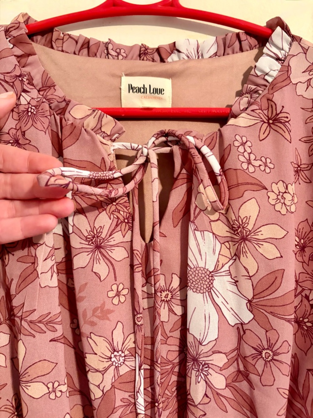 Peach Love California Floral Tie-Neck Elastic Waist Dress in Dusty Rose Sz Large - Picture 3 of 16